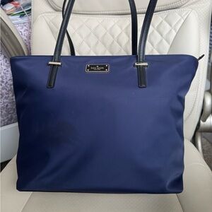 Kate Spade New York Navy Blue Nylon Tote Work Bag Zip Top Black Leather Handles